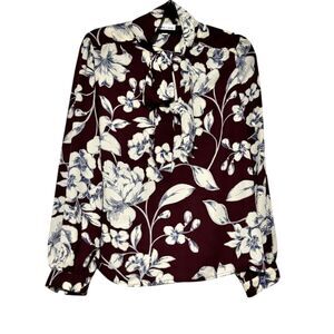 Gemma & Jane Burgundy Floral Long Sleeve Tie Neck Blouse Work Wear